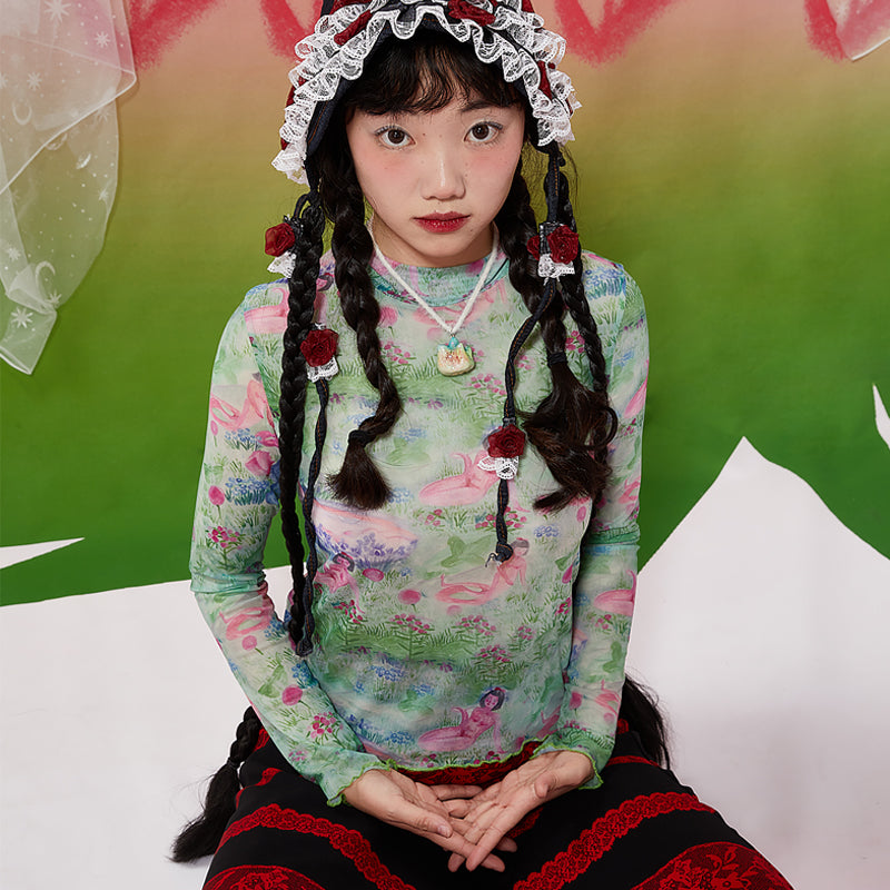 Harajuku Undershirt Green Floral Snake Shirt Long Sleeve Hand Painted Undershirt shirt Moon Meadow