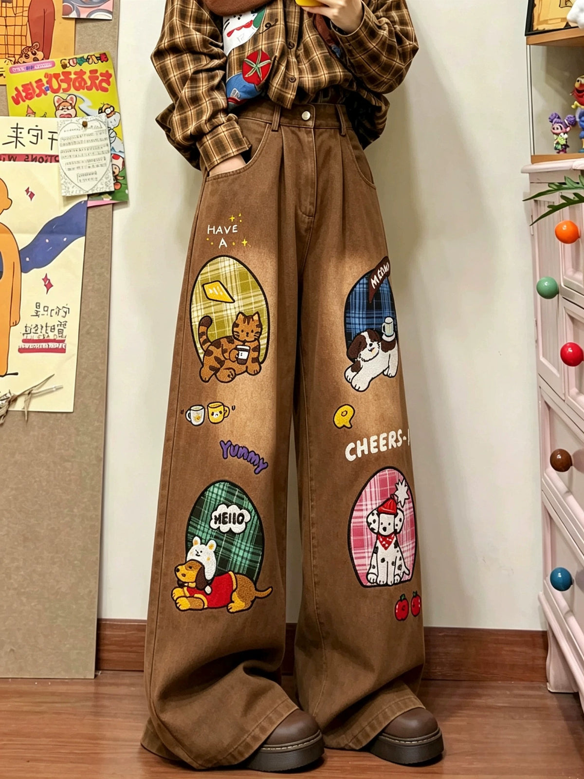 BIBULU - Brown Vintage Cat Dog Embroidered Wide-Leg Jeans pants BIBULU