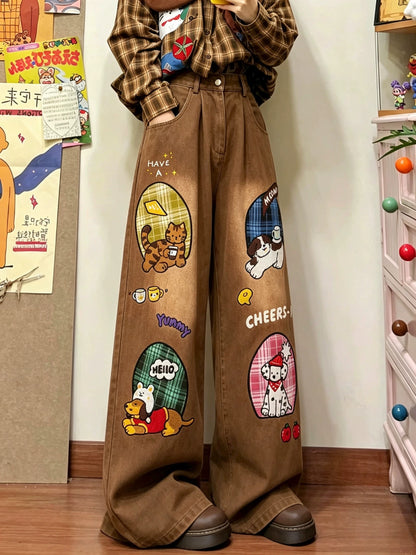BIBULU - Brown Vintage Cat Dog Embroidered Wide-Leg Jeans pants BIBULU