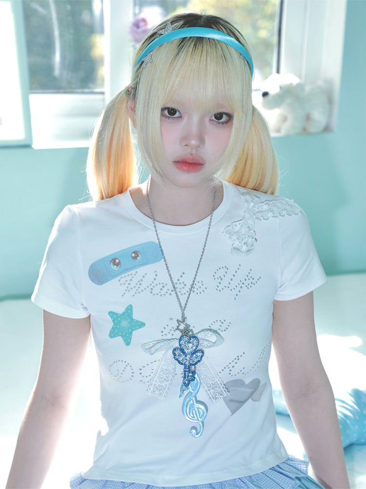 Hashtag DDD – White Dreamy T-shirt with Patchwork Bow Rhinestone tshirt Hashtag DDD