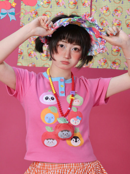 Lulululu - Kawaii Animal Mask Print Cotton Tee with Pink-Blue Colorblock tshirt LULULULU