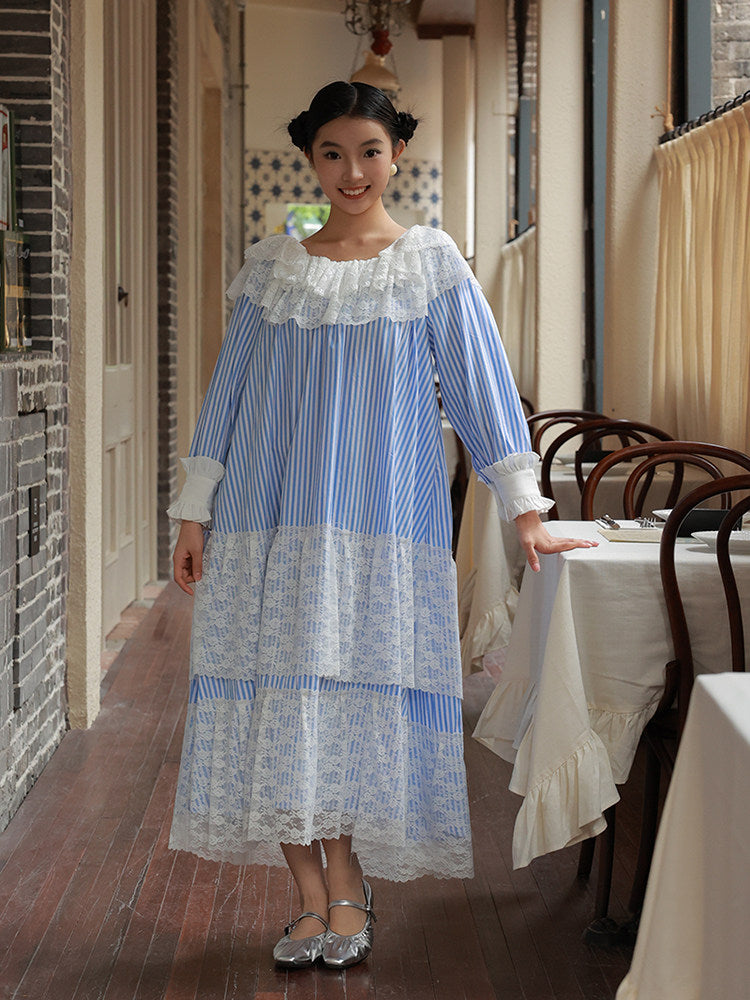 Nanjun Vintage - Blue Stripe Lace Princess Maxi Dress dress Nanjun Vintage
