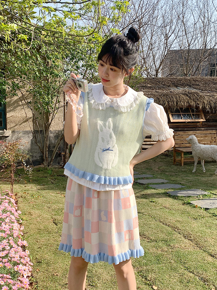 Kawaii Bunny Knit Vest Plaid Skirt Set Colorful Cute - Mameya | Land Decora
