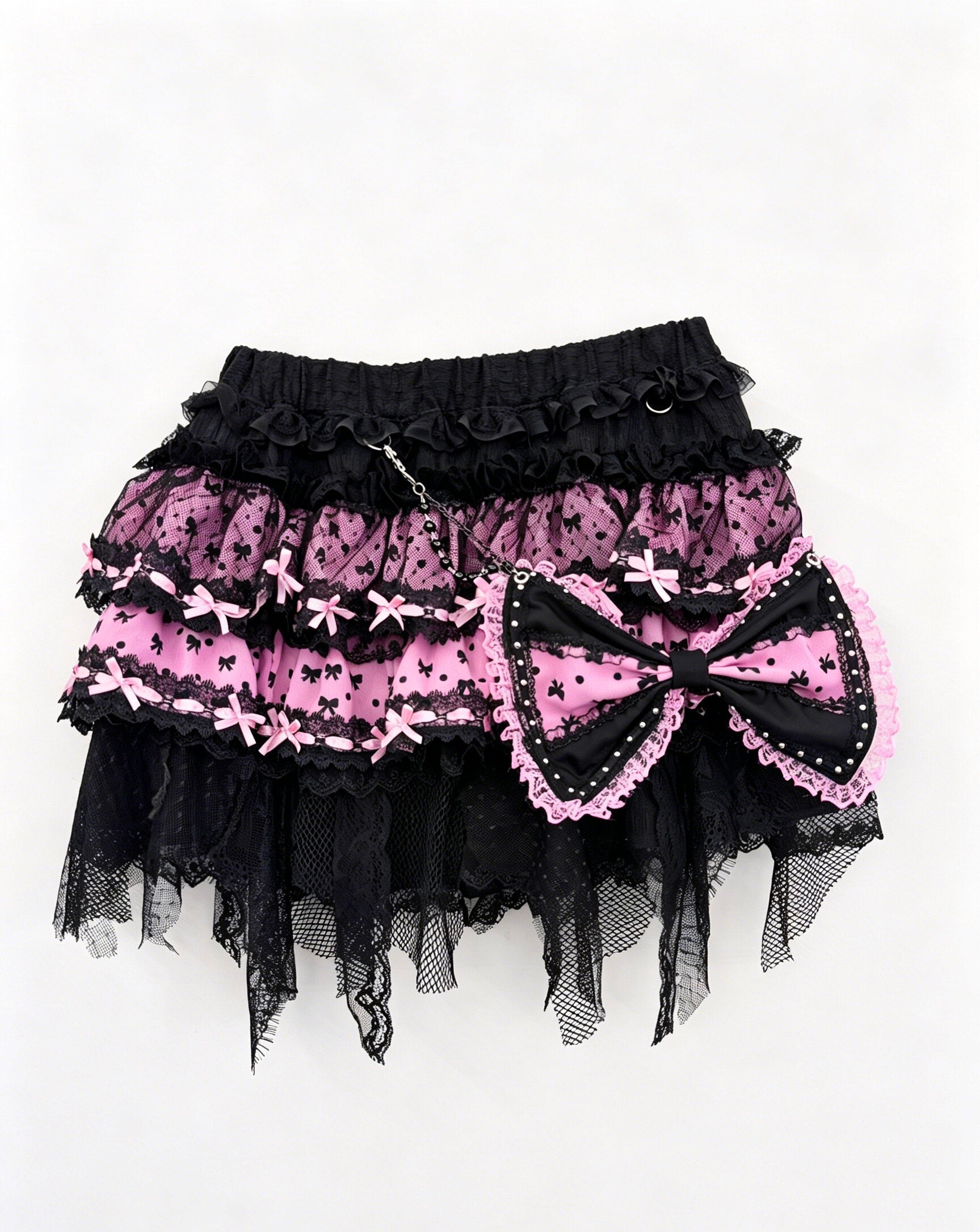 Red Devil - Black Pink Bow Lace Mini Skirt | Jirai Kei Dark Kawaii Fashion skirt Red Devil Skirt with Pendant Bow
