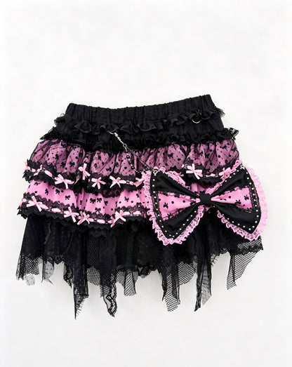 Red Devil - Black Pink Bow Lace Mini Skirt | Jirai Kei Dark Kawaii Fashion skirt Red Devil Skirt with Pendant Bow