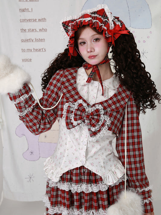 SOS MEME CLUB - Kawaii Jacket Showa Christmas Red Plaid Jacket jacket SOS MEME CLUB