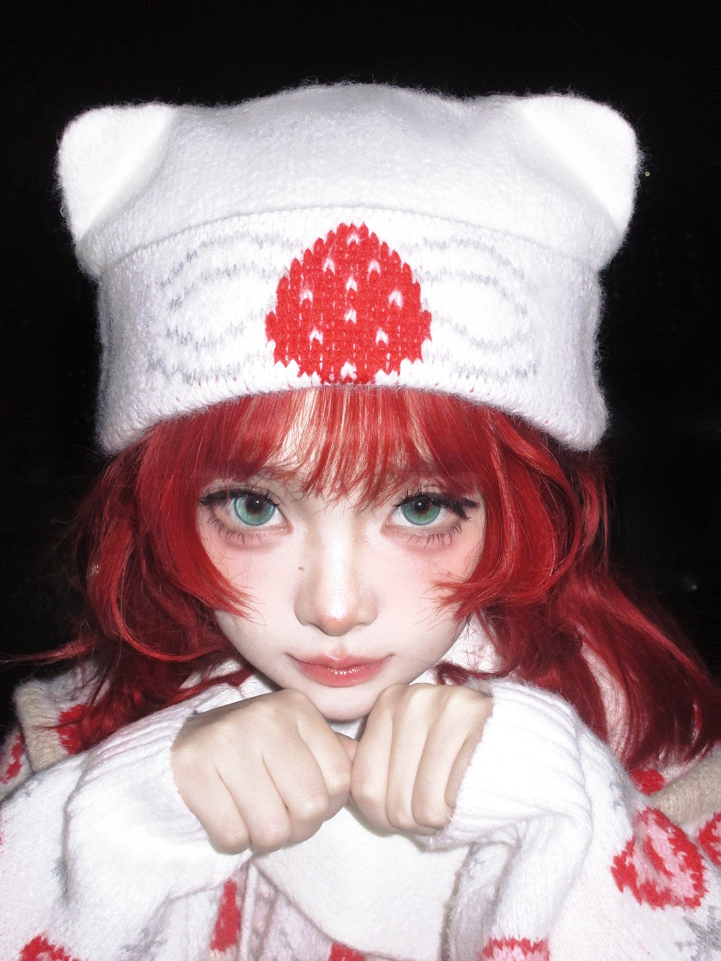 daytoday everyday institute - Strawberry Cat Ear Knit Beanie hat daytoday everyday institute