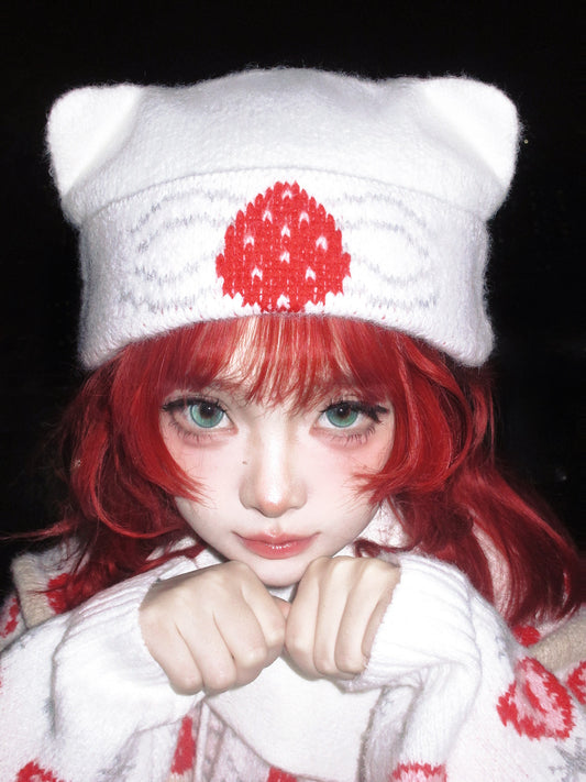 daytoday everyday institute - Strawberry Cat Ear Knit Beanie hat daytoday everyday institute