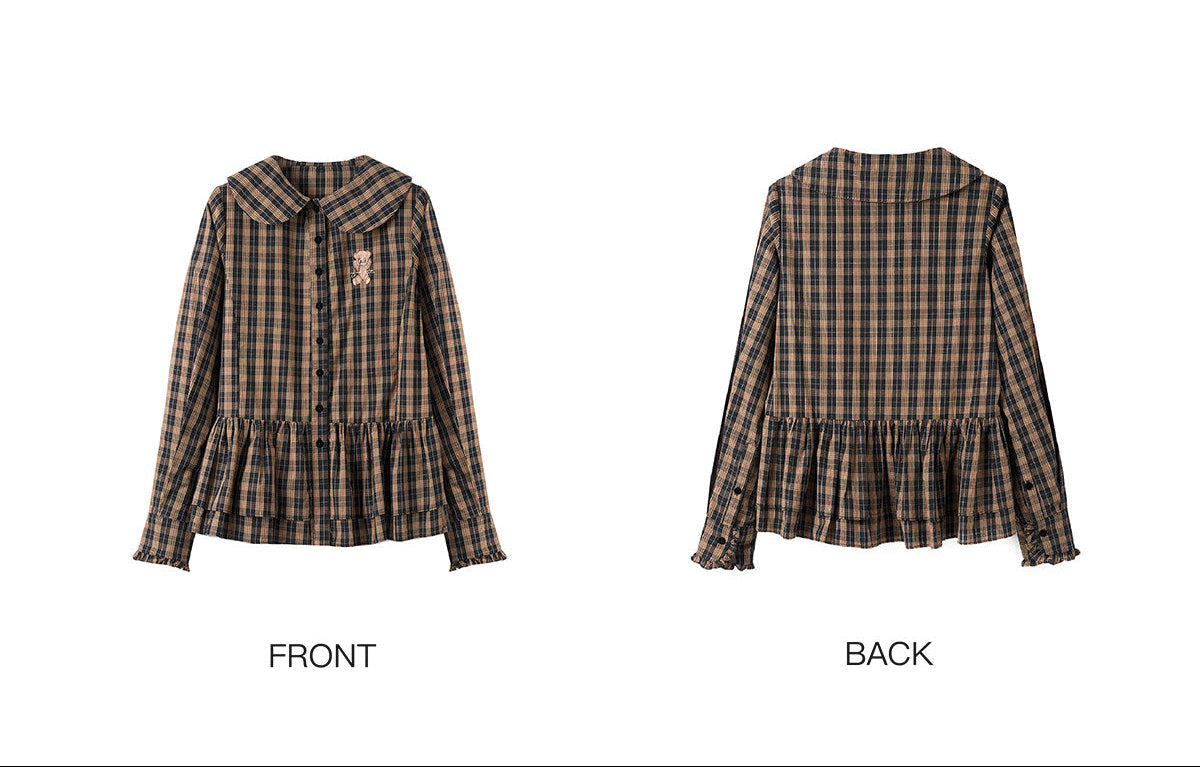 tntntutu - Brown Plaid Embroidered Peter Pan Collar Shirt shirt tntntutu S