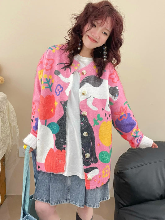 MeowMeow Bug - Vintage Graffiti Cat Cardigan cardigan MeowMeow Bug