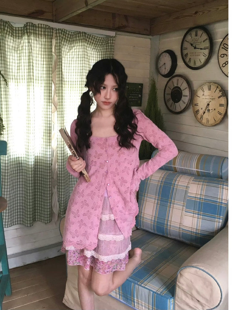 HIBABAO - Pink Butterfly Lace Cardigan Top cardigan HIBABAO