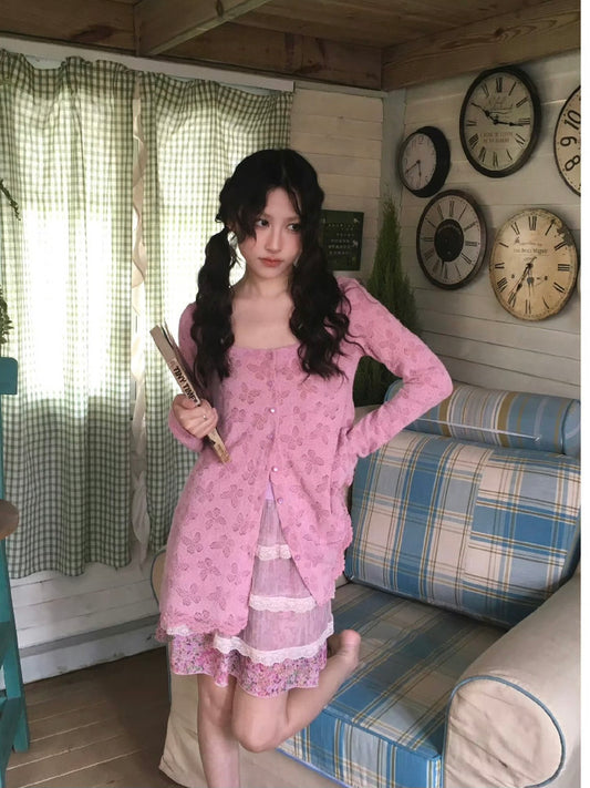 HIBABAO - Pink Butterfly Lace Cardigan Top cardigan HIBABAO
