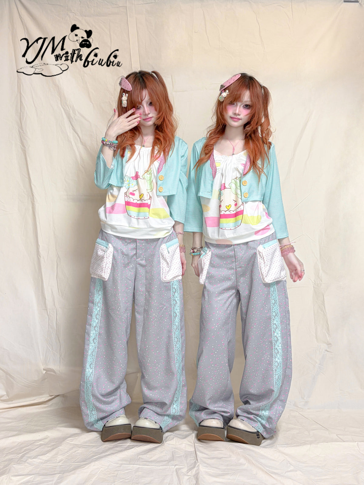 YJM with biubiu - Floral Lace Contrast Wide-Leg Pants pants YJM with biubiu