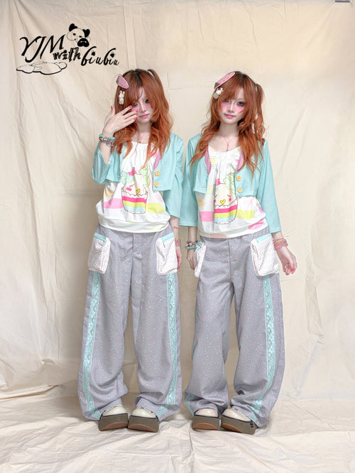 YJM with biubiu - Floral Lace Contrast Wide-Leg Pants pants YJM with biubiu