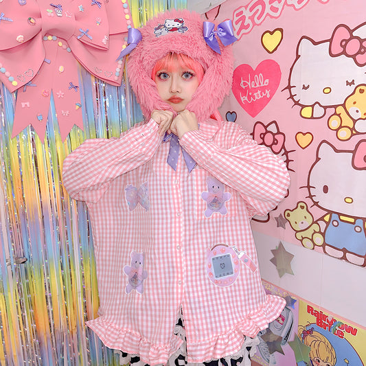 FANLOVEGIRL - Pink Bear Print Doll Collar Shirt shirt FANLOVEGIRL