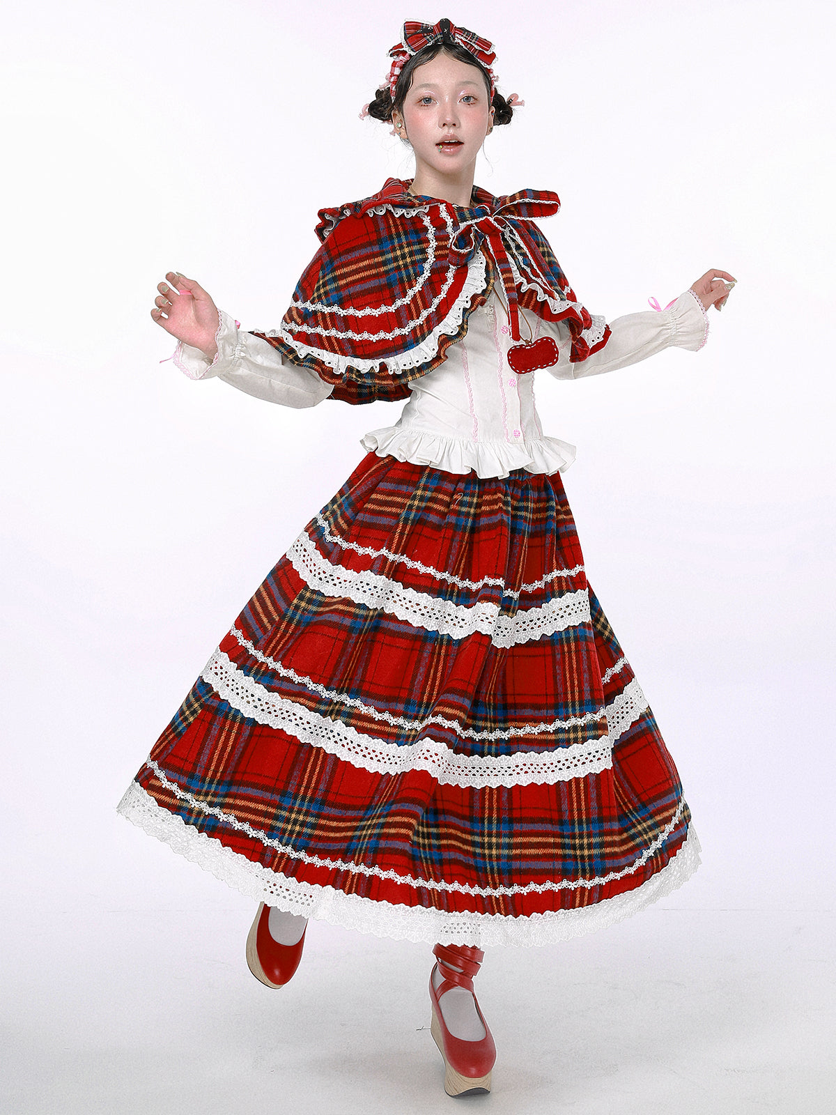 SOS MEME CLUB - Showa Retro Christmas Red Plaid Skirt skirt SOS MEME CLUB