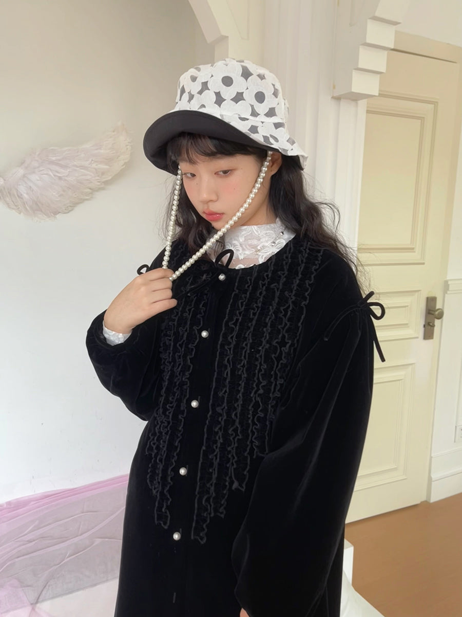 daytoday everyday institute - Girly Fashion Velvet Ruffle Vintage Long Coat Trench Trench daytoday everyday institute