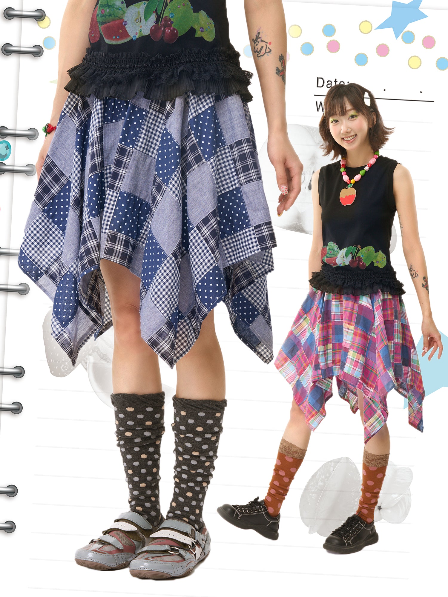 FRUITS Patch‑Work Skirt | Plaid Asymmetric Skirt | Blue Purple Skirt skirt Fruits