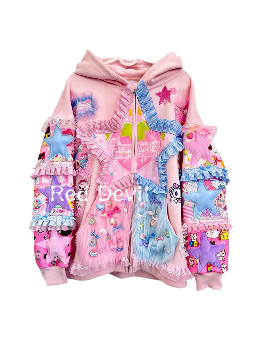 RedDevil Pink Hoodie Decora Handmade Hoodie Cartoon Patchwork Hoodie Rabbit Ear Hoodie hoodie Red Devil