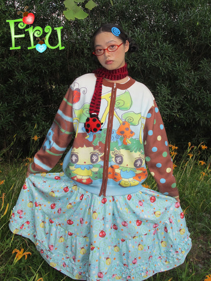 FruFru - Kawaii Knit Cardigan Blue Brown Printed Sweater cardigan frufru