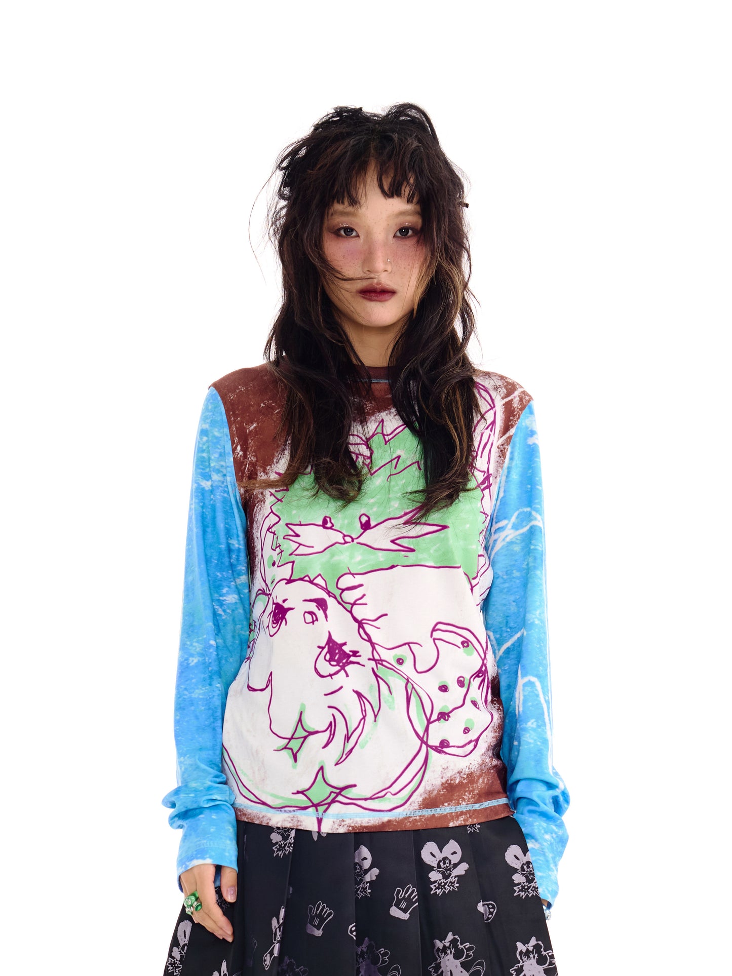 sillysis蓝色涂鸦印花宽松弹力针织长袖打底衫薄款T恤 shirt sillysis