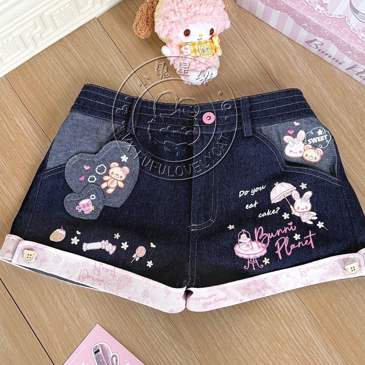Bunny Planet - Navy Bunny Embroidered Denim Shorts shorts bunnyplanet S