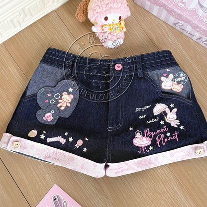 Bunny Planet - Navy Bunny Embroidered Denim Shorts shorts bunnyplanet S