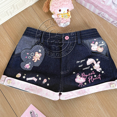Bunny Planet - Navy Bunny Embroidered Denim Shorts shorts bunnyplanet S