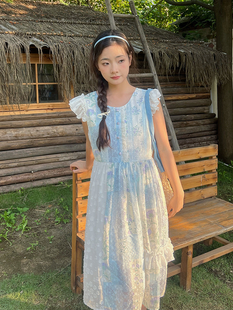 Mameya - Kawaii Light Blue Chiffon Vest Dress Ruffle Cap Sleeve Midi dress Mameya