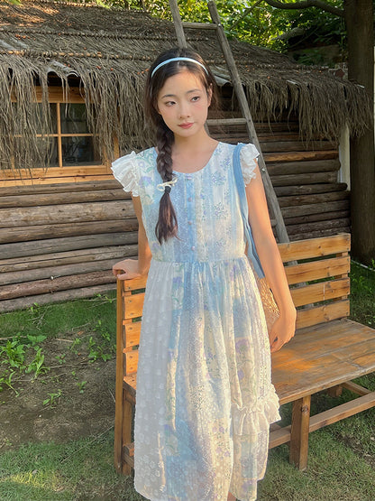 Mameya - Kawaii Light Blue Chiffon Vest Dress Ruffle Cap Sleeve Midi dress Mameya