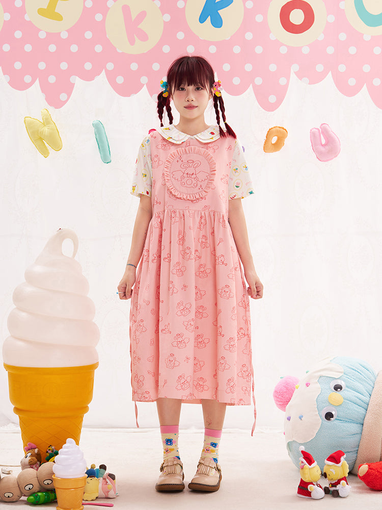 NIKKOU Pink & Red Sleeveless Jumper Dress | Harajuku Embroidered Dress dress Nikkou home