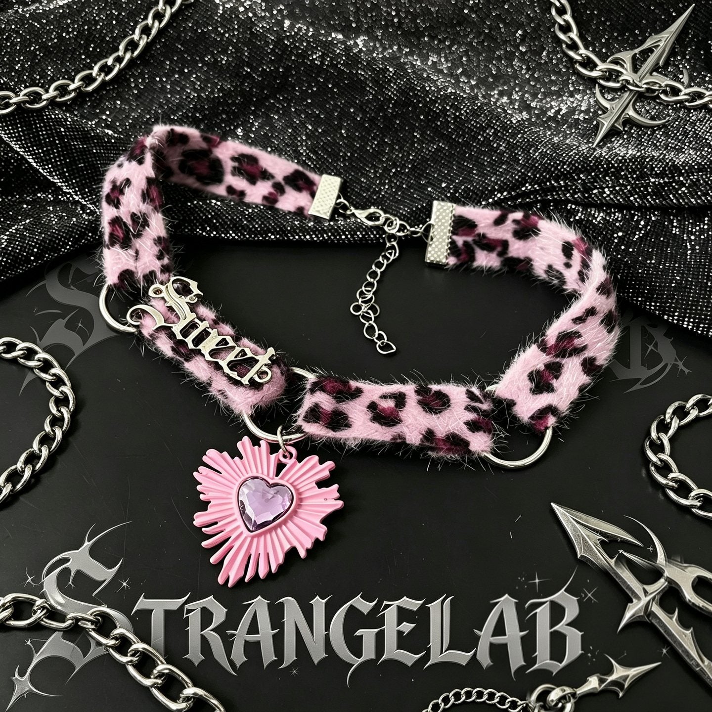 Pink Leopard Plush Heart Choker choker strangelab