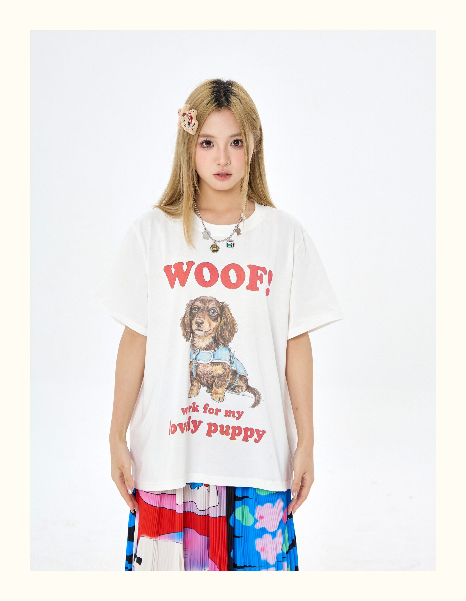 Robootoo - White Dachshund Print Oversized T-Shirt shirt Robootoo