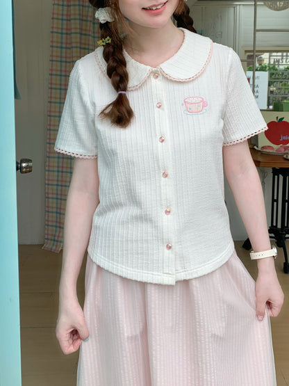 Peach Party - White Embroidered Knit Polo Cardigan