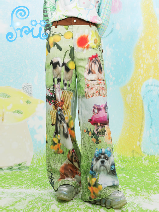 frufru Green Dog Print Pants | Wide-Leg Casual Pants | Cotton Vintage Pants