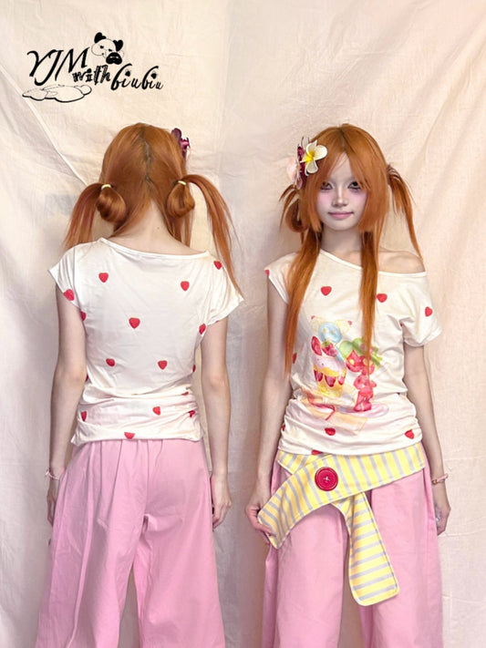 YJM with biubiu Strawberry Slim Fit T-Shirt – Y2K Harajuku Kawaii Style Tee tshirt YJM with biubiu
