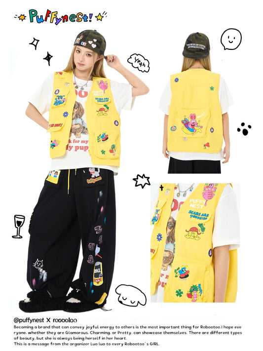 Robootoo - Yellow Cartoon Multi-Pocket Utility Vest vest Robootoo