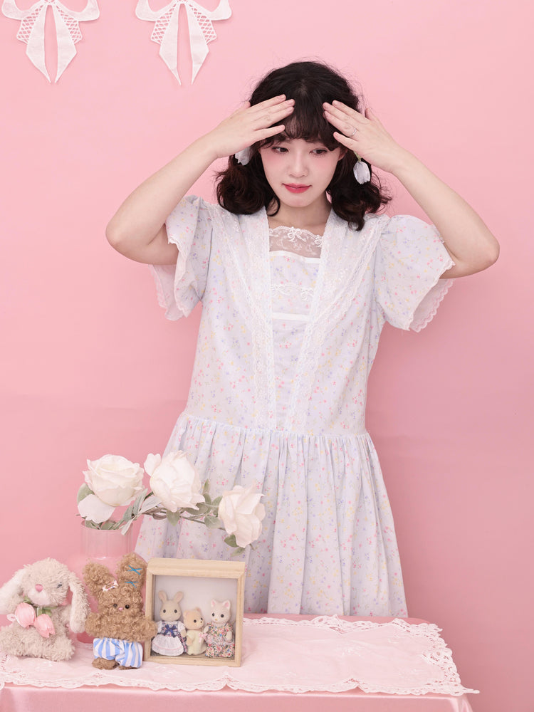 SemenCoicis - Kawaii Floral Sailor Dress - Blue Cotton Lace Trim dress SemenCoicis