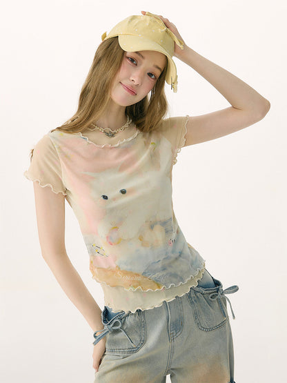 ziziFei - Cat Dream Mesh Ruffle Hem Tee tshirt ziziFei
