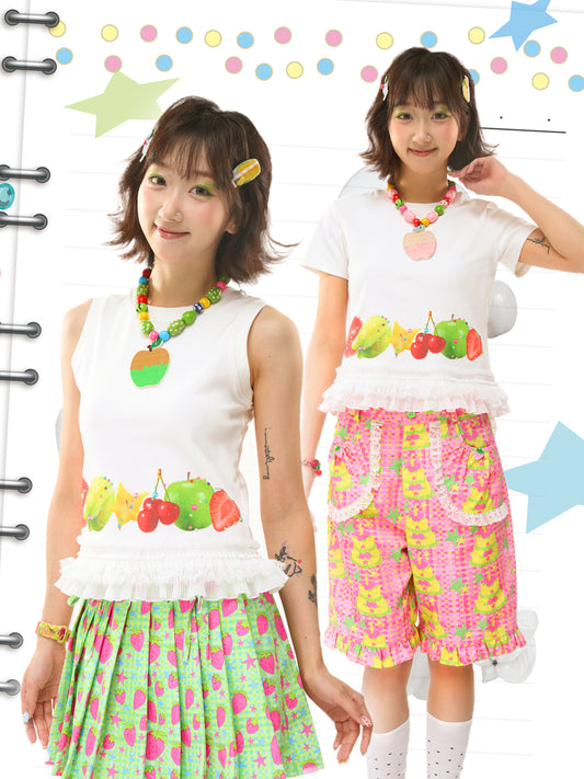 FRUITS Print Cami | Lace‑Hem Tee | White Sleeveless Shirt tshirt Fruits