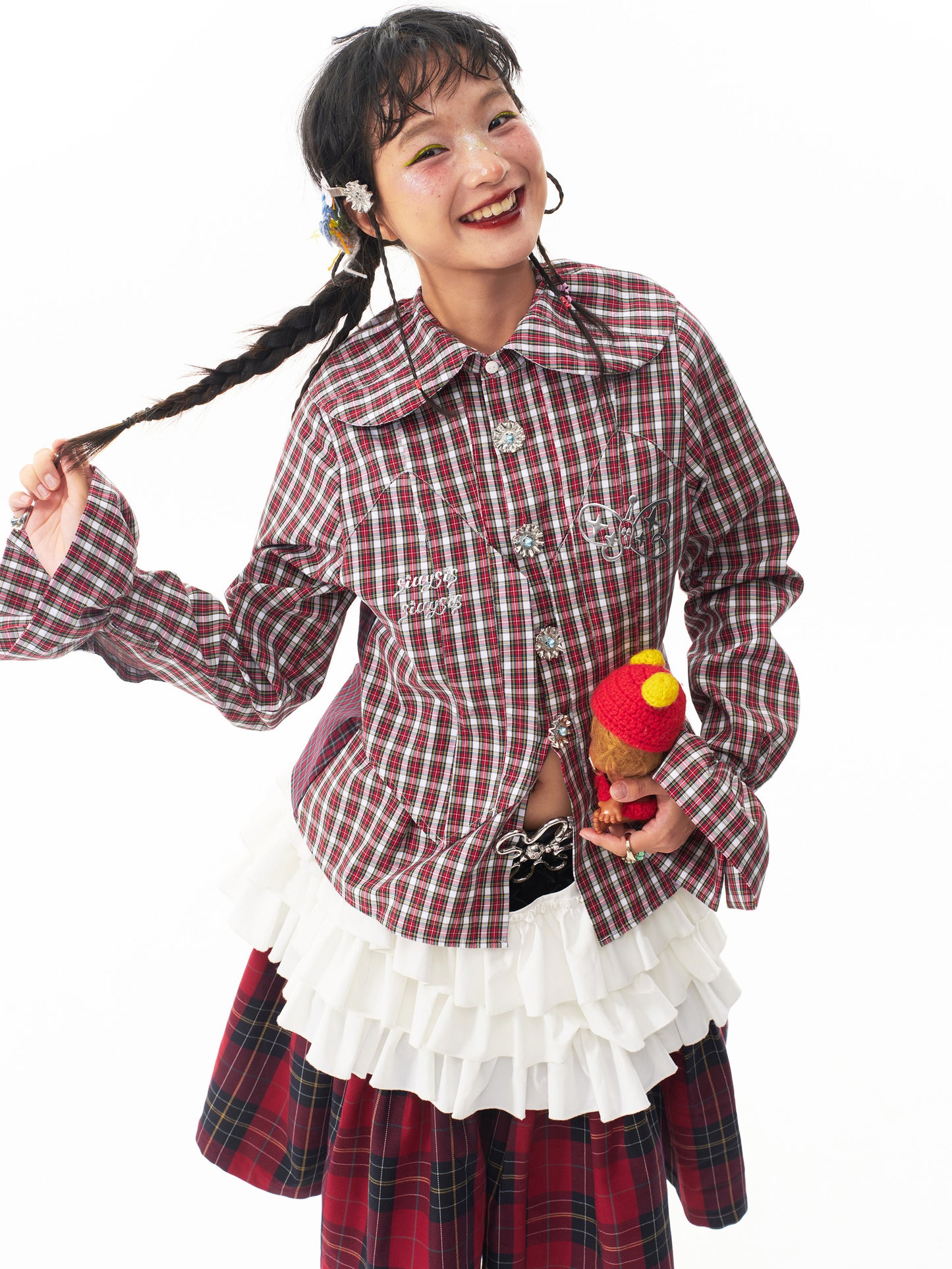 Sillysis - Kawaii Plaid Layered Doll Collar Blouse shirt sillysis