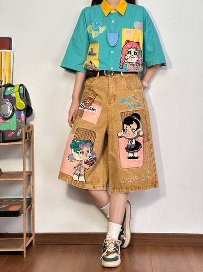 Khaki Cartoon Applique Embroidered Capri Pants pants soldout