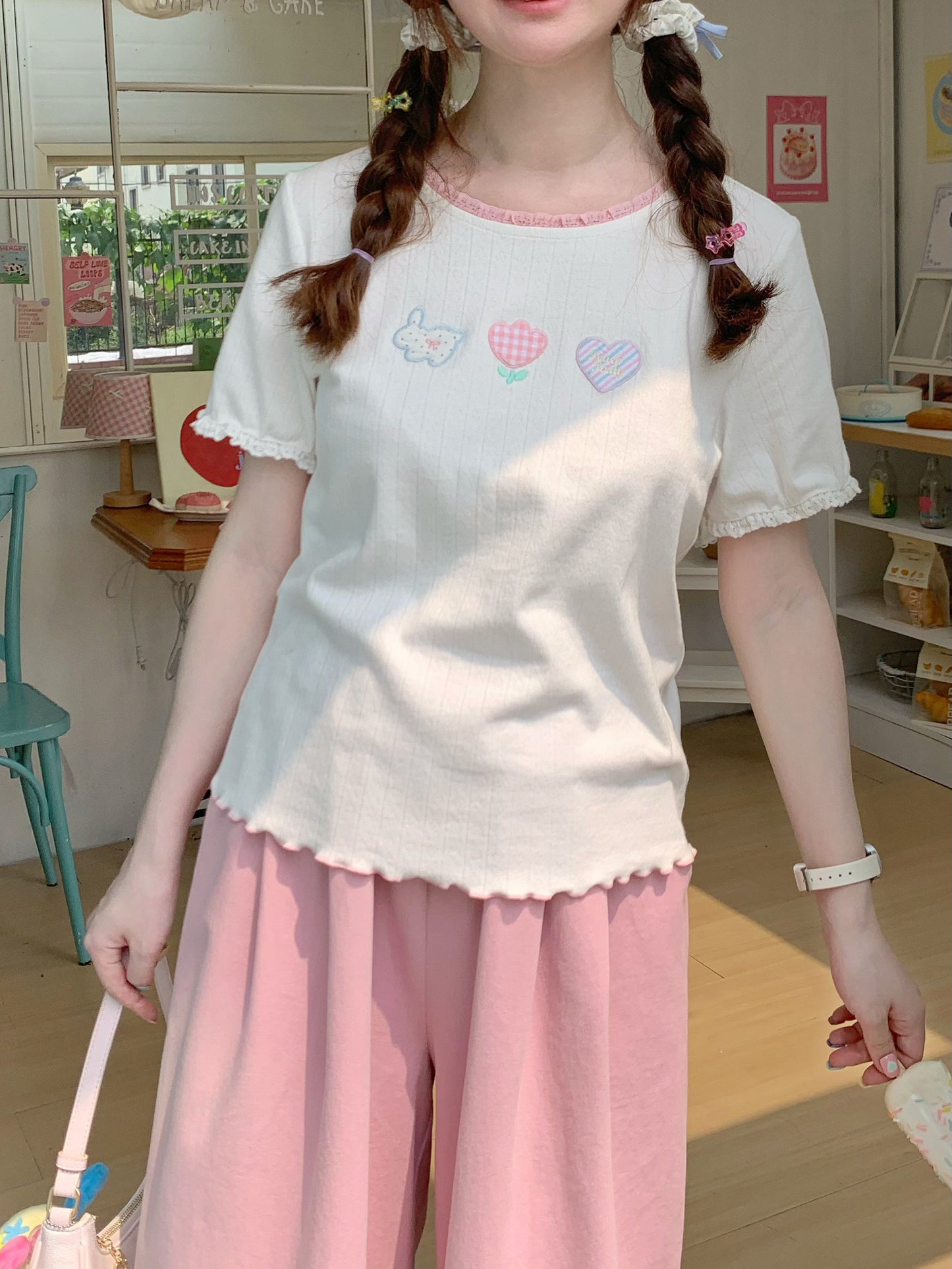 Peach Party - White Embroidered Kawaii T-Shirt
