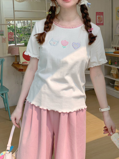 Peach Party - White Embroidered Kawaii T-Shirt
