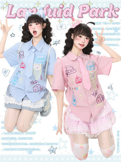 Languid Park - Cat Embroidery Tie Shirt shirt Languid Park