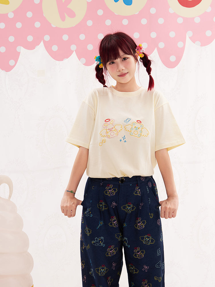 NIKKOU Cute Short Sleeve Tee | Kawaii Embroidered Cotton T-Shirt tshirt Nikkou home