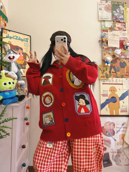 BIBULU - Kidcore Cartoon Embroidered Knit Cardigan Oversized Cozy cardigan BIBULU