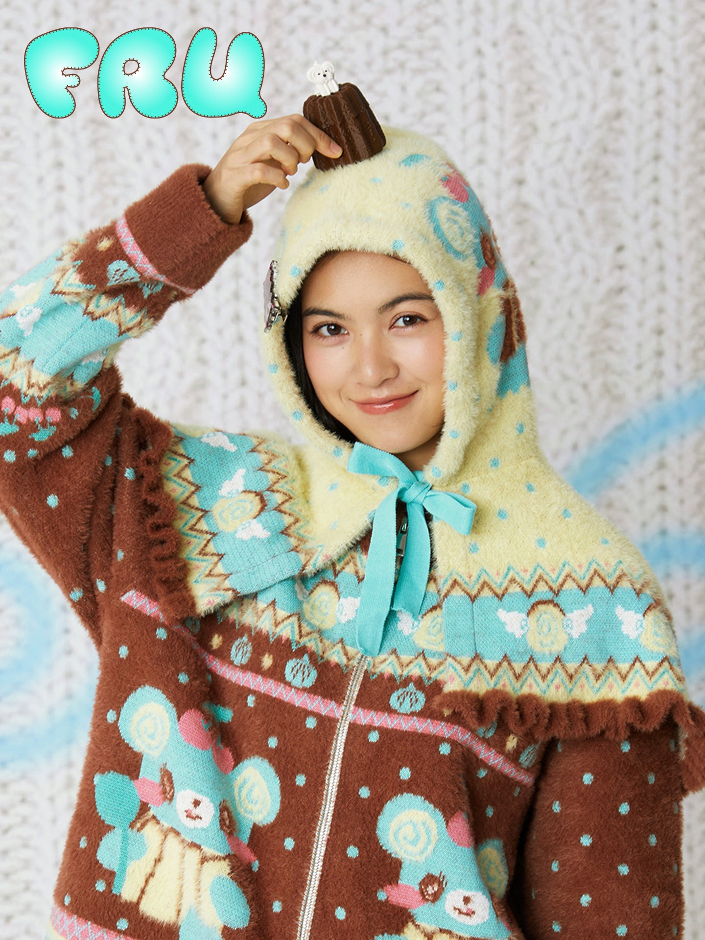 frufru - Kawaii Yellow Bear Knit Hooded Cape Cozy Winter Shoulder Hat hat frufru