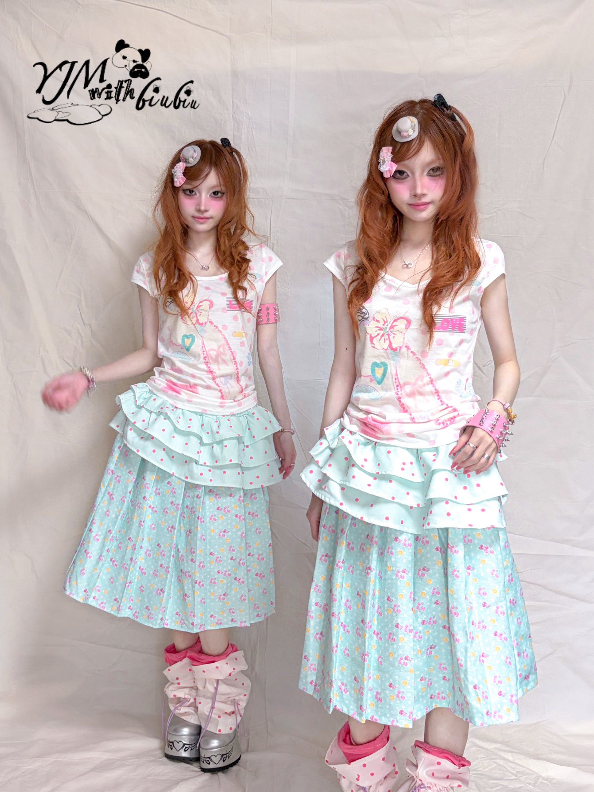 YJM with biubiu - Mint Floral Ruffle Skirt skirt YJM with biubiu