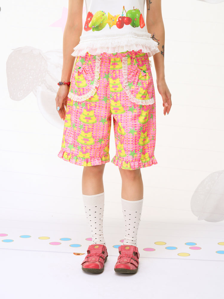 FRUITS Cake Illustration Shorts | Lace-Trimmed Culottes pants Fruits